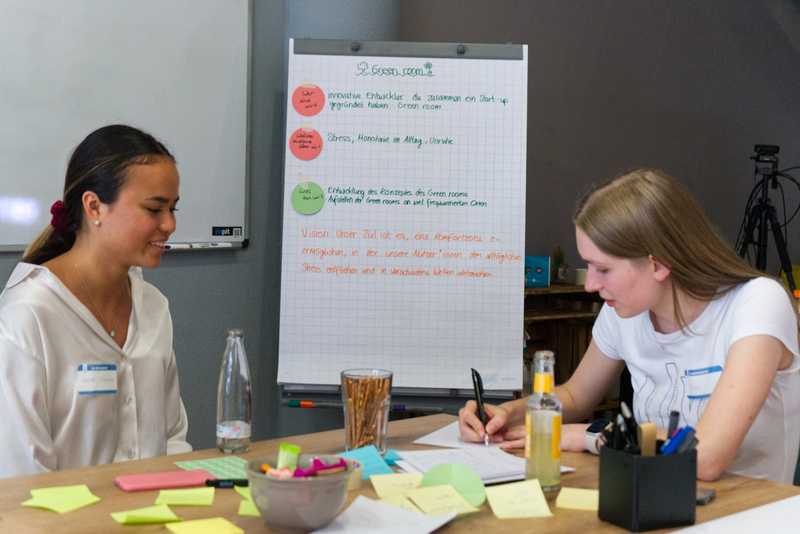 Zwei Studentinnen entwickeln eine Produktidee während eines Workshops im Feelgood Workspace Paderborn